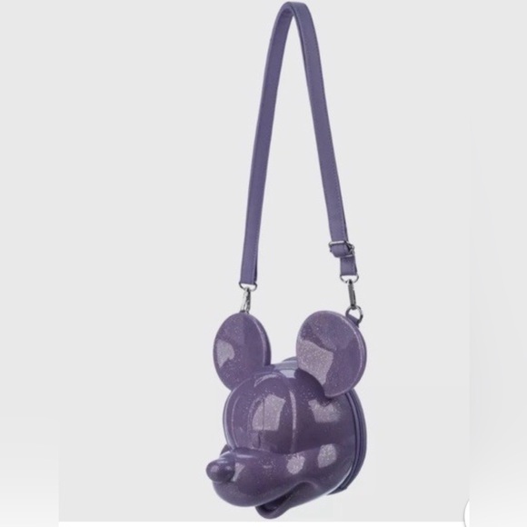Disney Parks Loungefly Mickey Mouse 3D Head Purple Glitter Crossbody Bag NEW - Picture 2 of 4